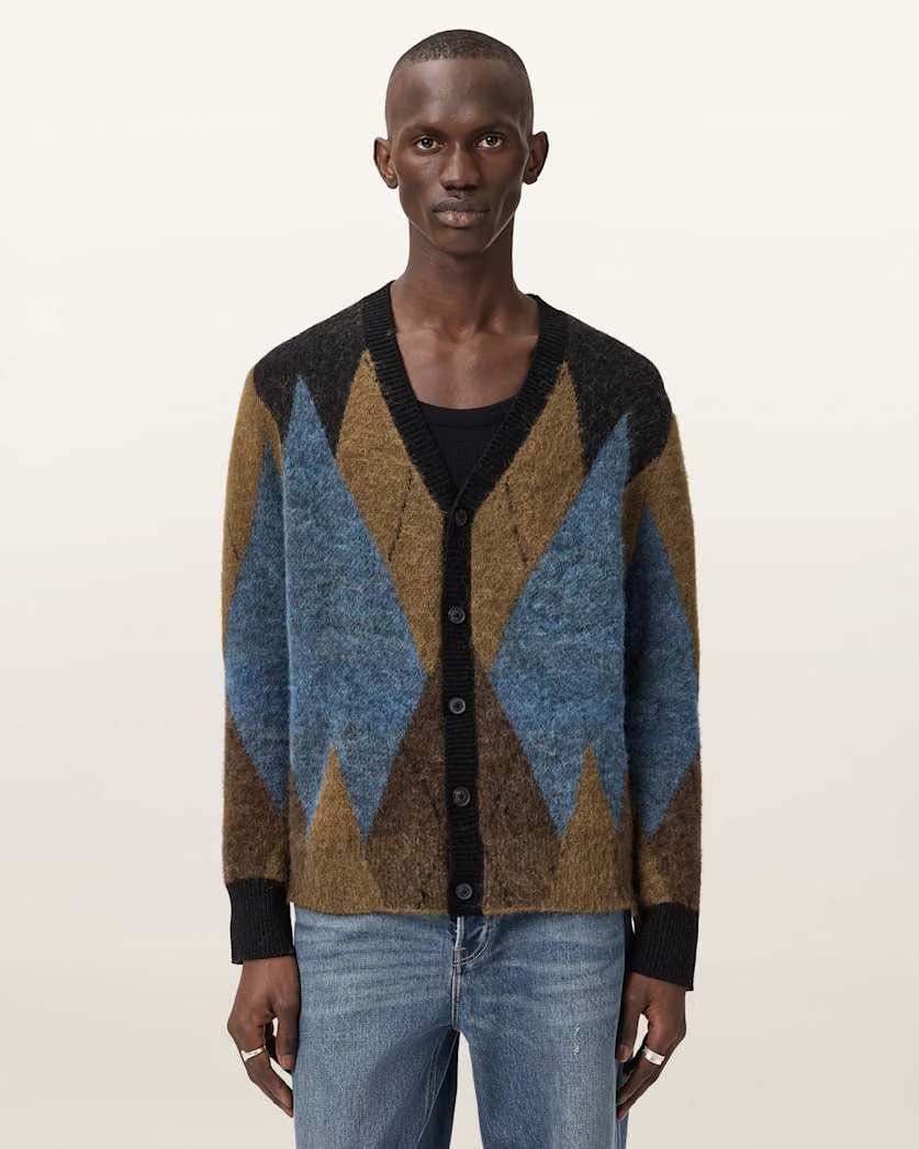 AllSaints Bernie Oversized Argyle Cardigan Cider Brown