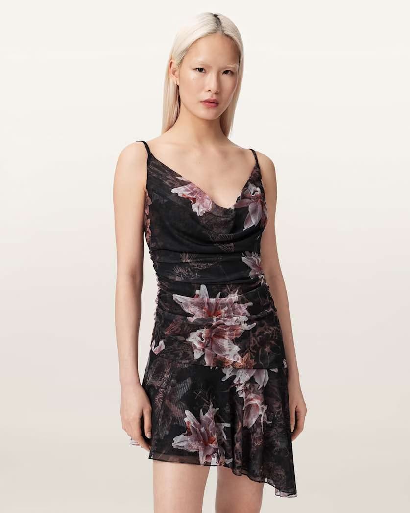 AllSaints Bea Asymmetric Mesh Mini Dress Women's Crystal/Black Women's