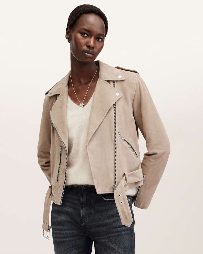 AllSaints Balfern Belted Suede Biker Jacket Women's Warm Taupe Grey Women's