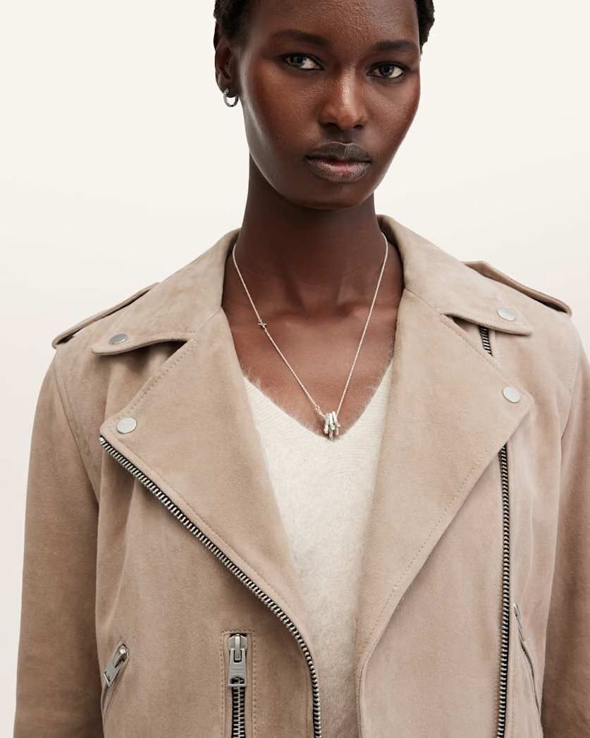 AllSaints Balfern Belted Suede Biker Jacket Women's Warm Taupe Grey Women's