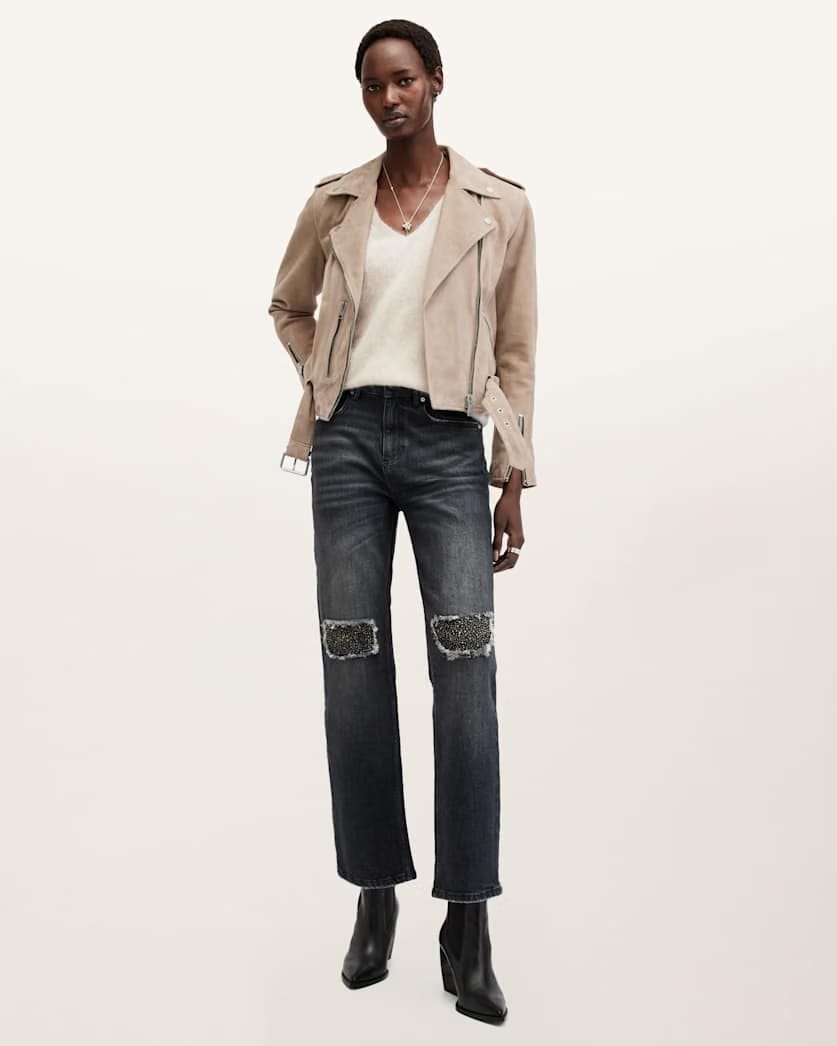 AllSaints Balfern Belted Suede Biker Jacket Women's Warm Taupe Grey Women's