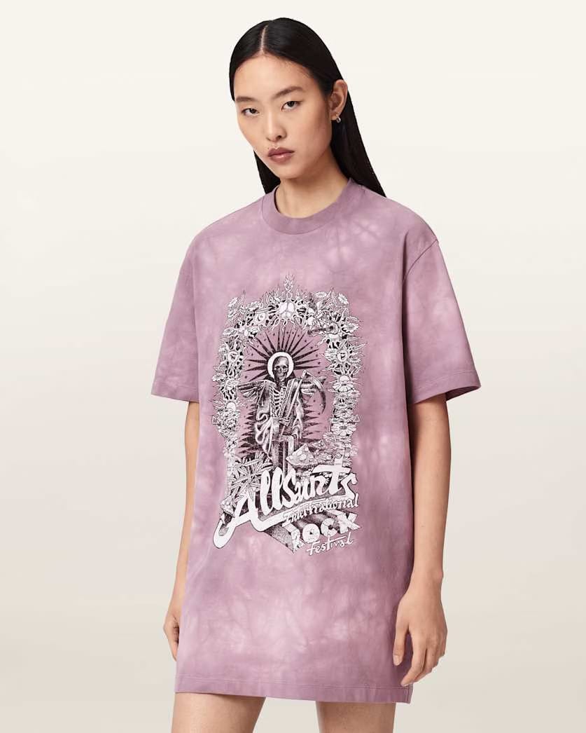 AllSaints Avalon Tie Dye Graphic T-Shirt Mini Dress Women's Pink Women's