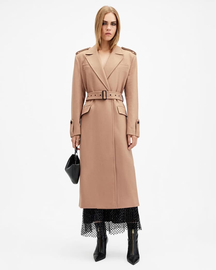AllSaints Augusta Cashmere Wool Blend Coat Women's Camel Brown Women's