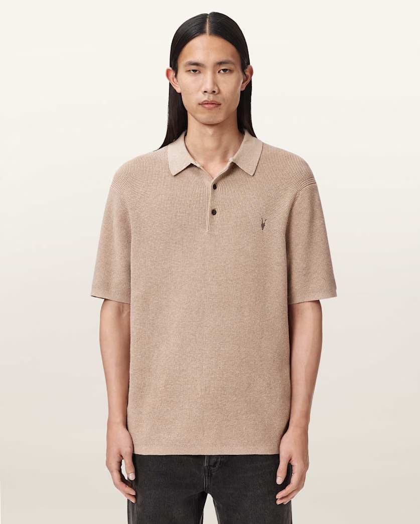AllSaints Aspen Waffle Texture Ramskull Polo Shirt Moon Grey