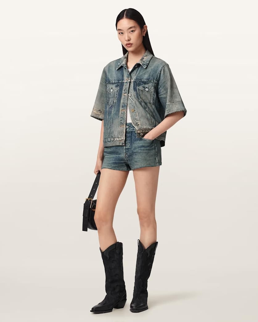 AllSaints Asher Terry High Waisted Denim Illusion Shorts Women's Illusion Tint Blue Women's