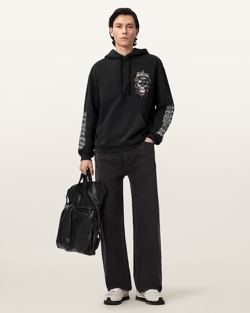 AllSaints Araknid Long Sleeve Cotton Hoodie Washed Black