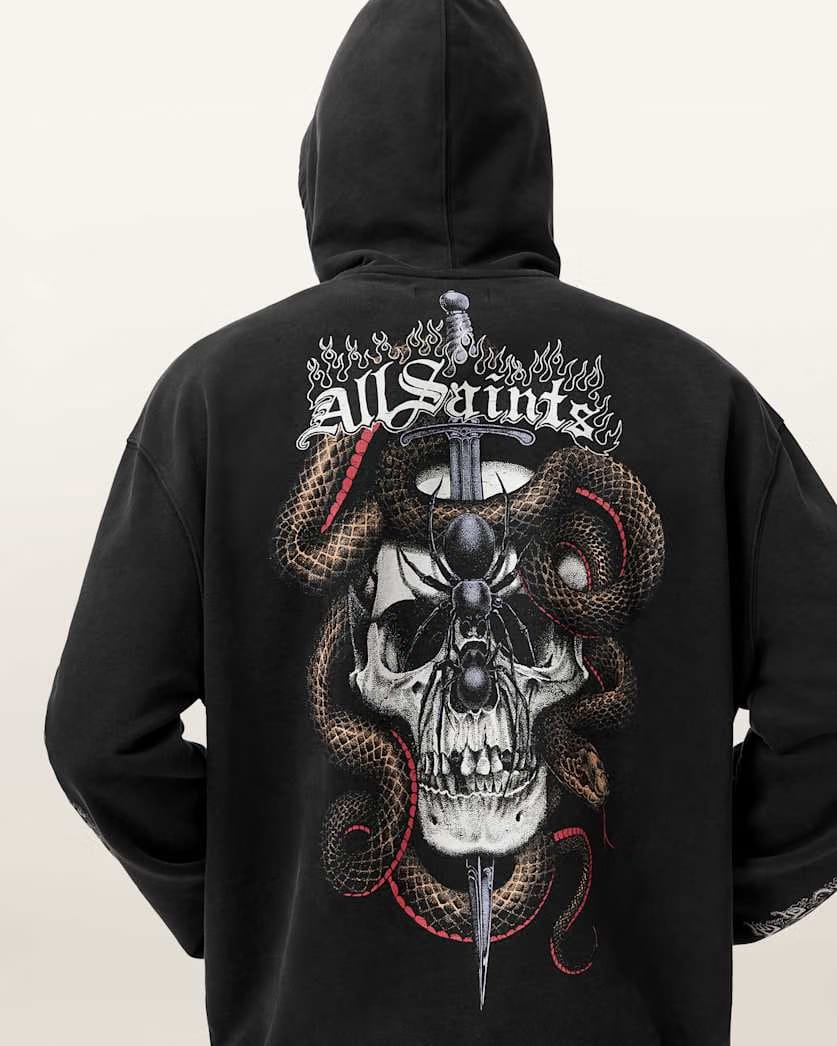 AllSaints Araknid Long Sleeve Cotton Hoodie Washed Black