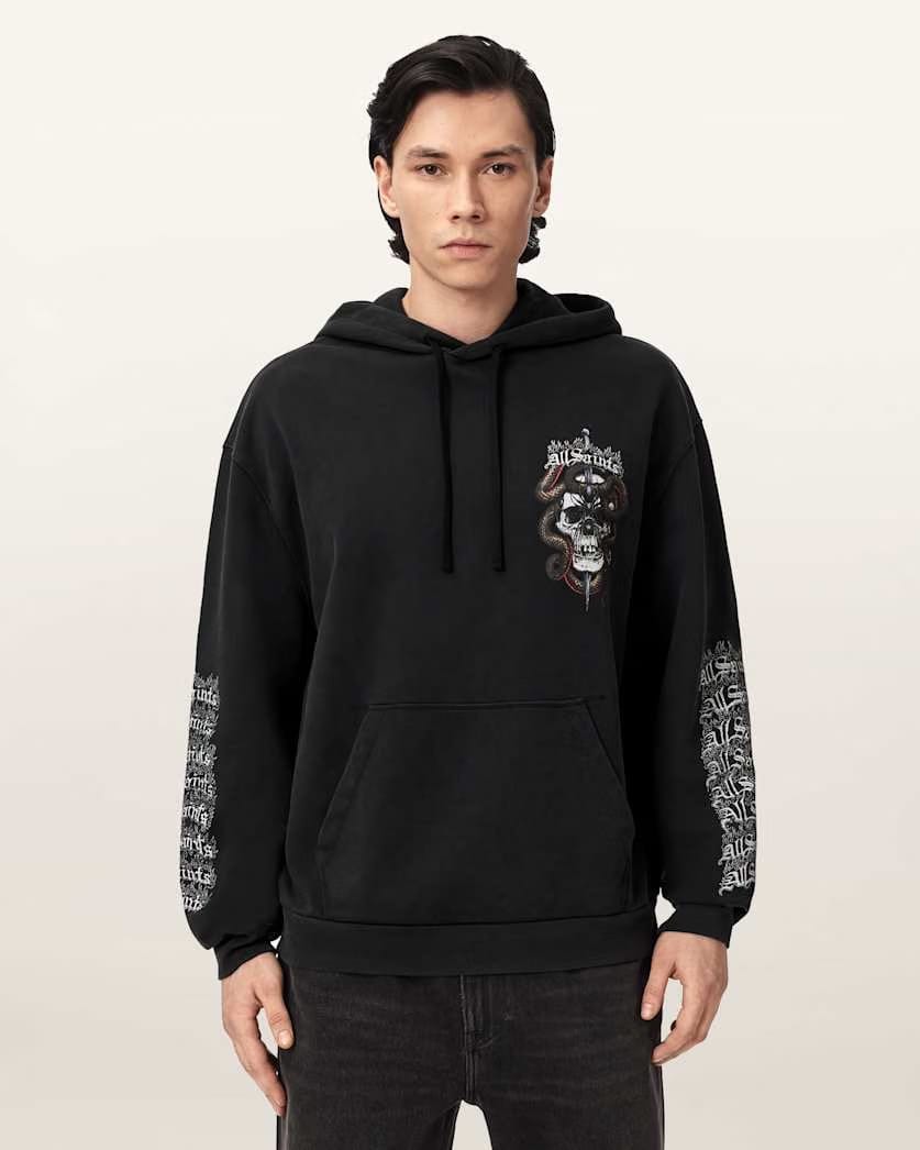 AllSaints Araknid Long Sleeve Cotton Hoodie Washed Black