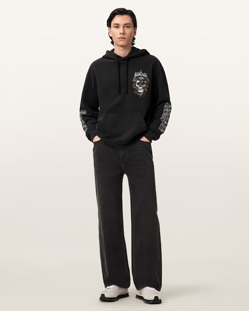 AllSaints Araknid Long Sleeve Cotton Hoodie Washed Black