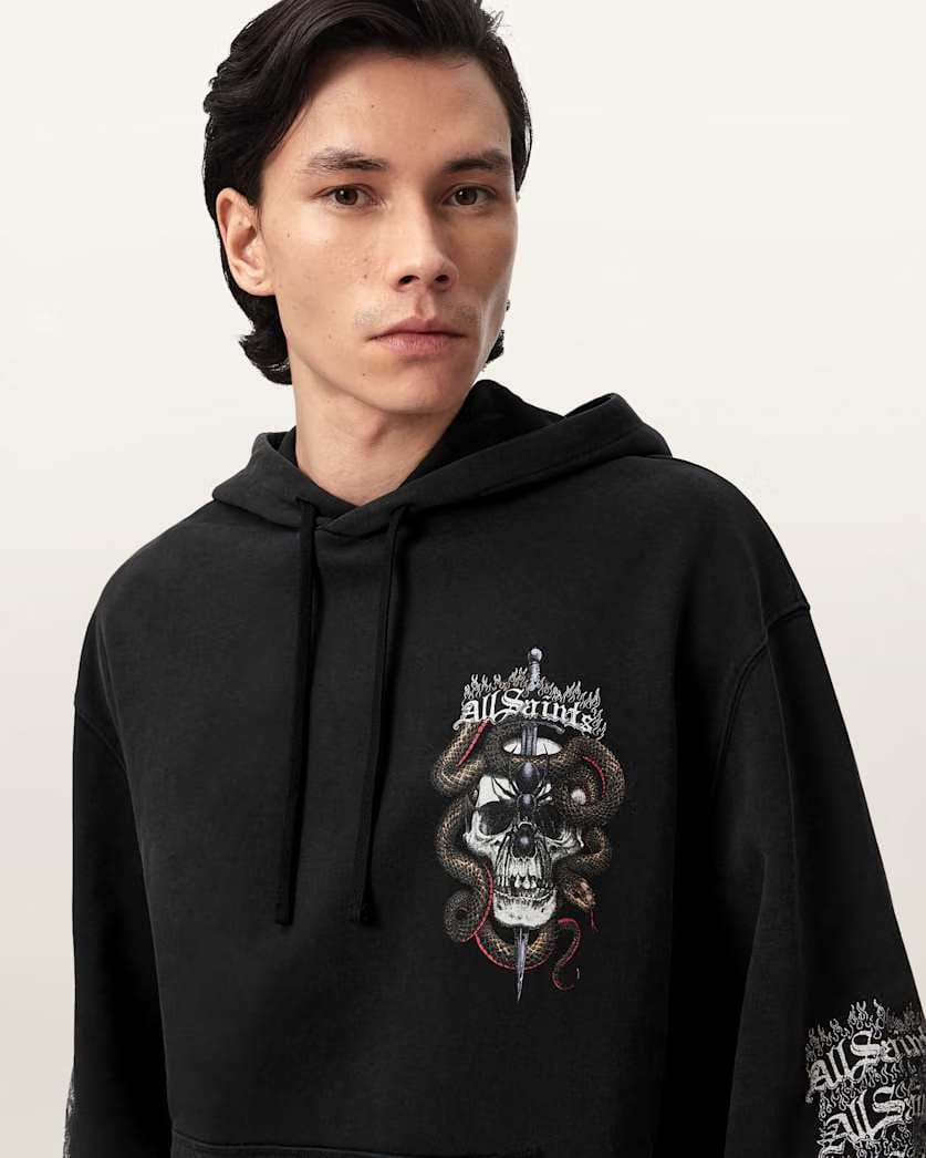 AllSaints Araknid Long Sleeve Cotton Hoodie Washed Black