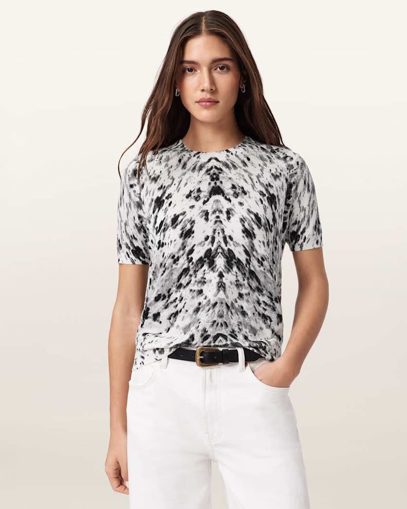 AllSaints Anouk Snake Print Merino Wool T Shirt Women's Canter Ecru White Women's