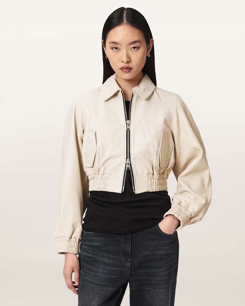 AllSaints Anouk Cropped Leather Bomber Jacket Women's Mole Brown Women's