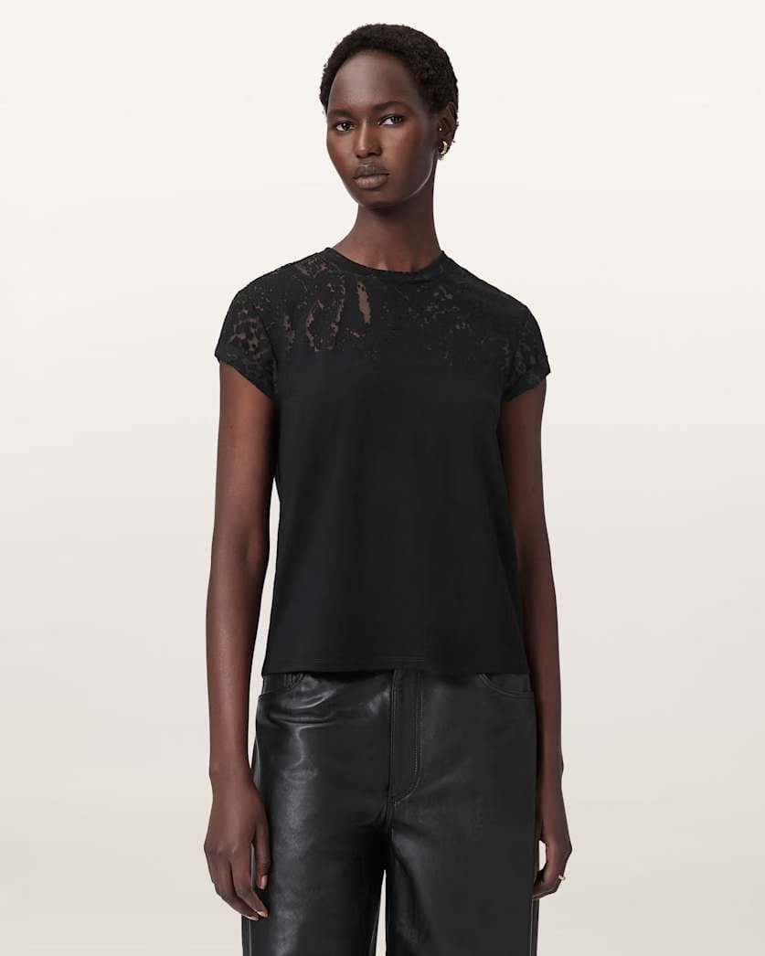AllSaints Anna Snake Print Devore T Shirt Women's Black Women's