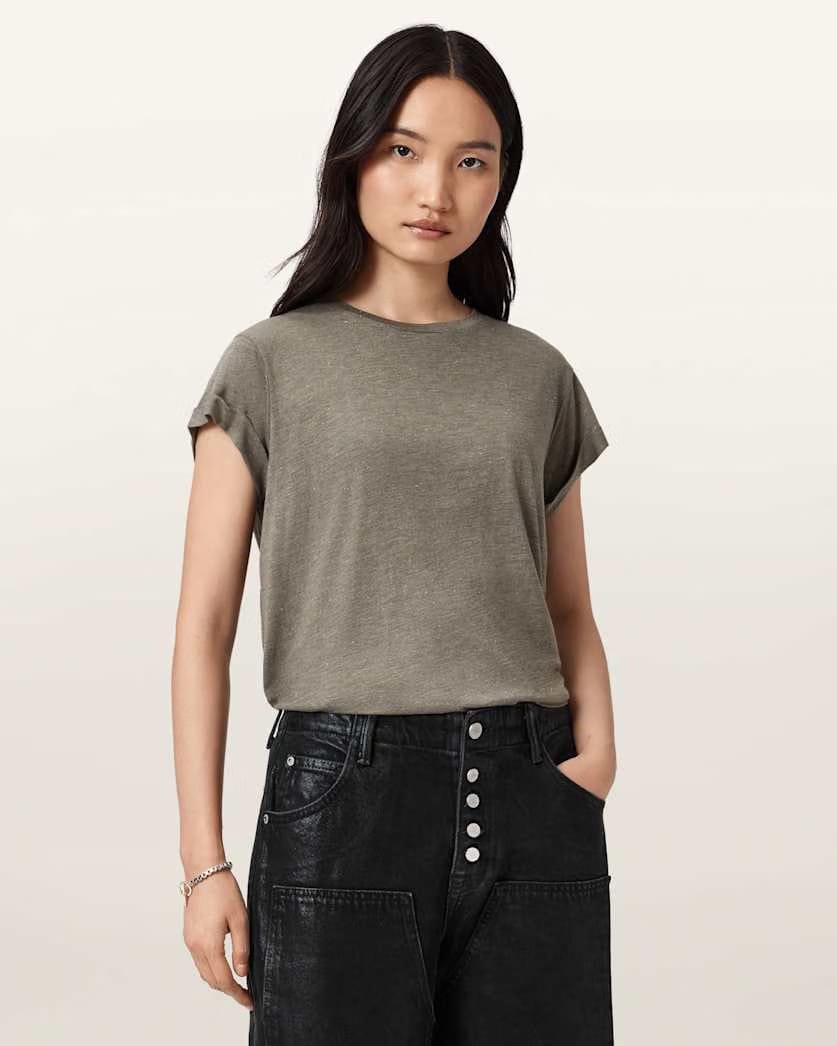 AllSaints Anna Short Sleeve Shimmer T Shirt Women's Khaki Green Women's