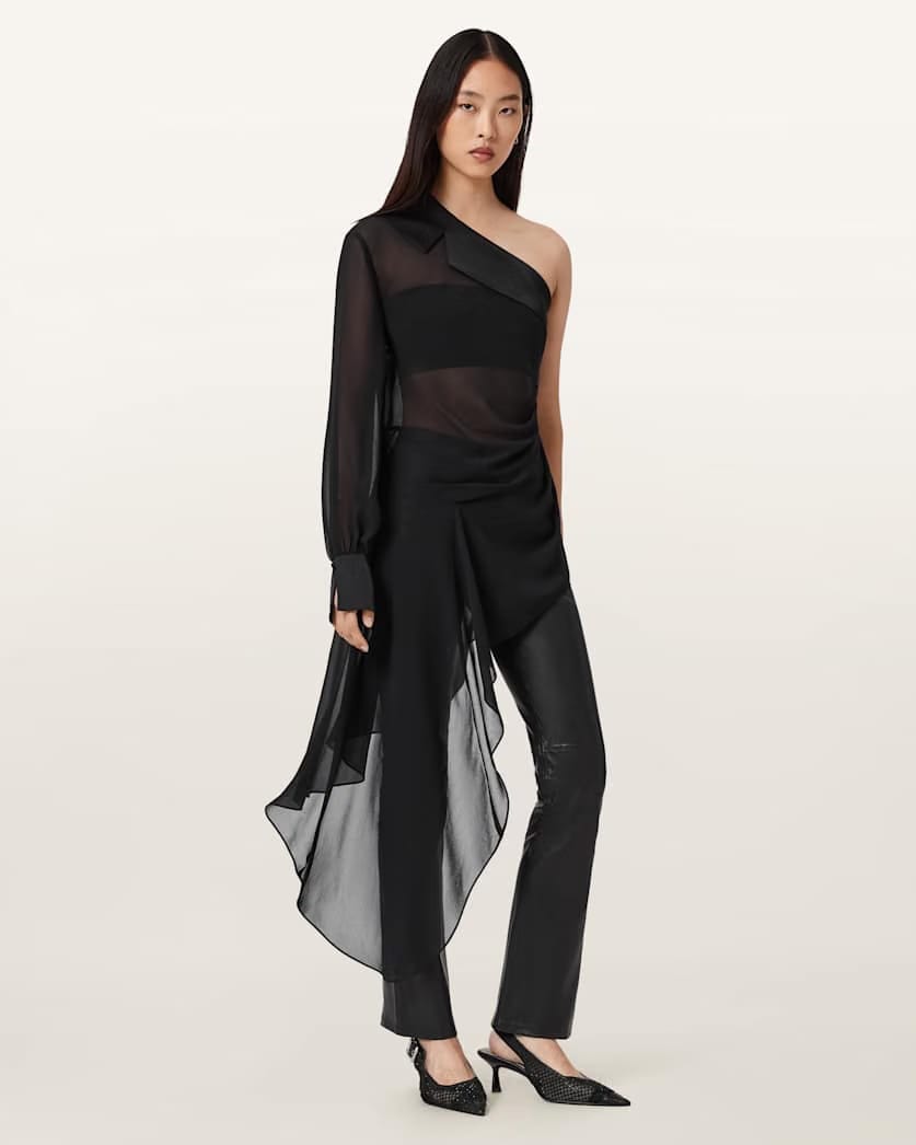 AllSaints Anaya Asymmetric Sheer Top Women's Black Women's