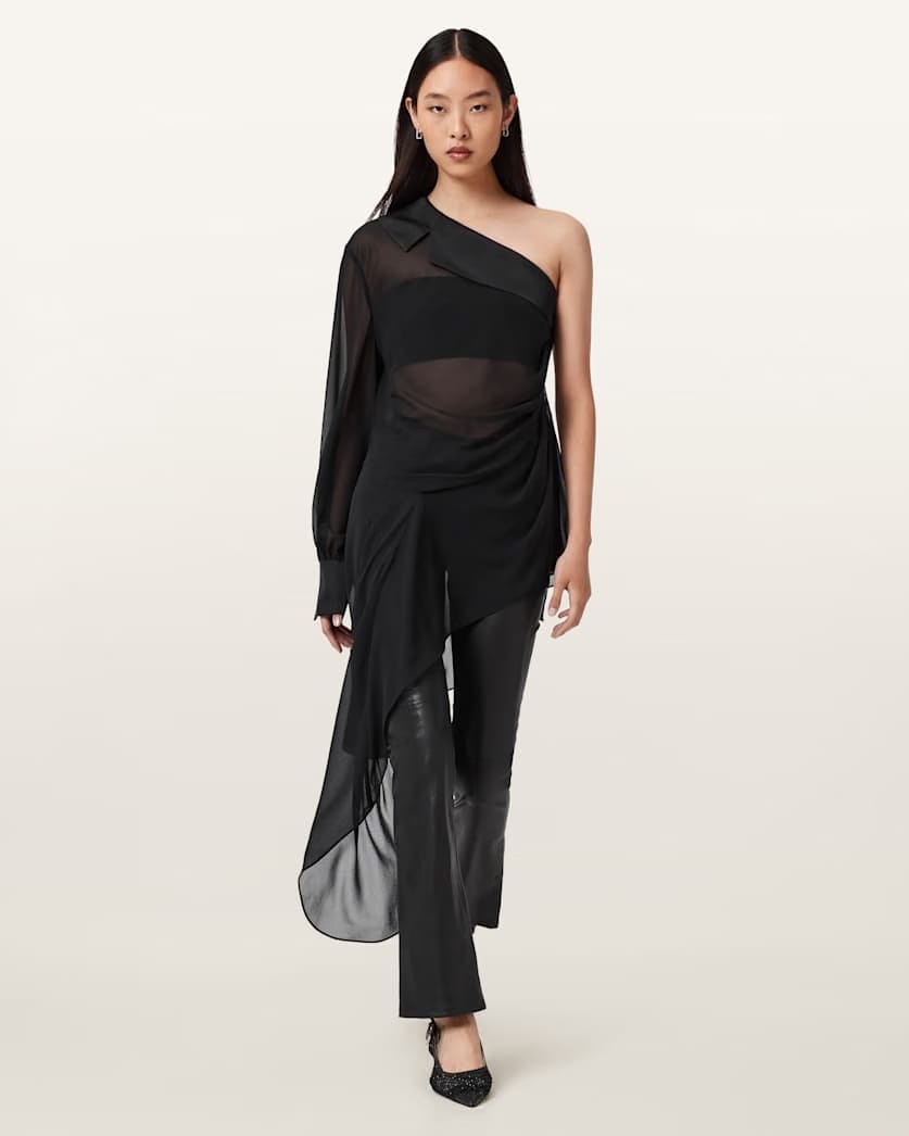 AllSaints Anaya Asymmetric Sheer Top Women's Black Women's