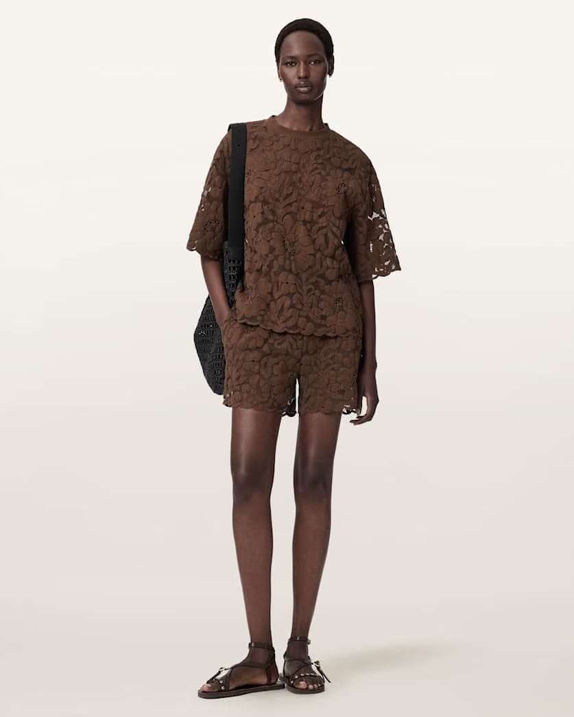AllSaints Amelie Oversized Short Sleeve Lace T Shirt Women's Bitter Brown Women's