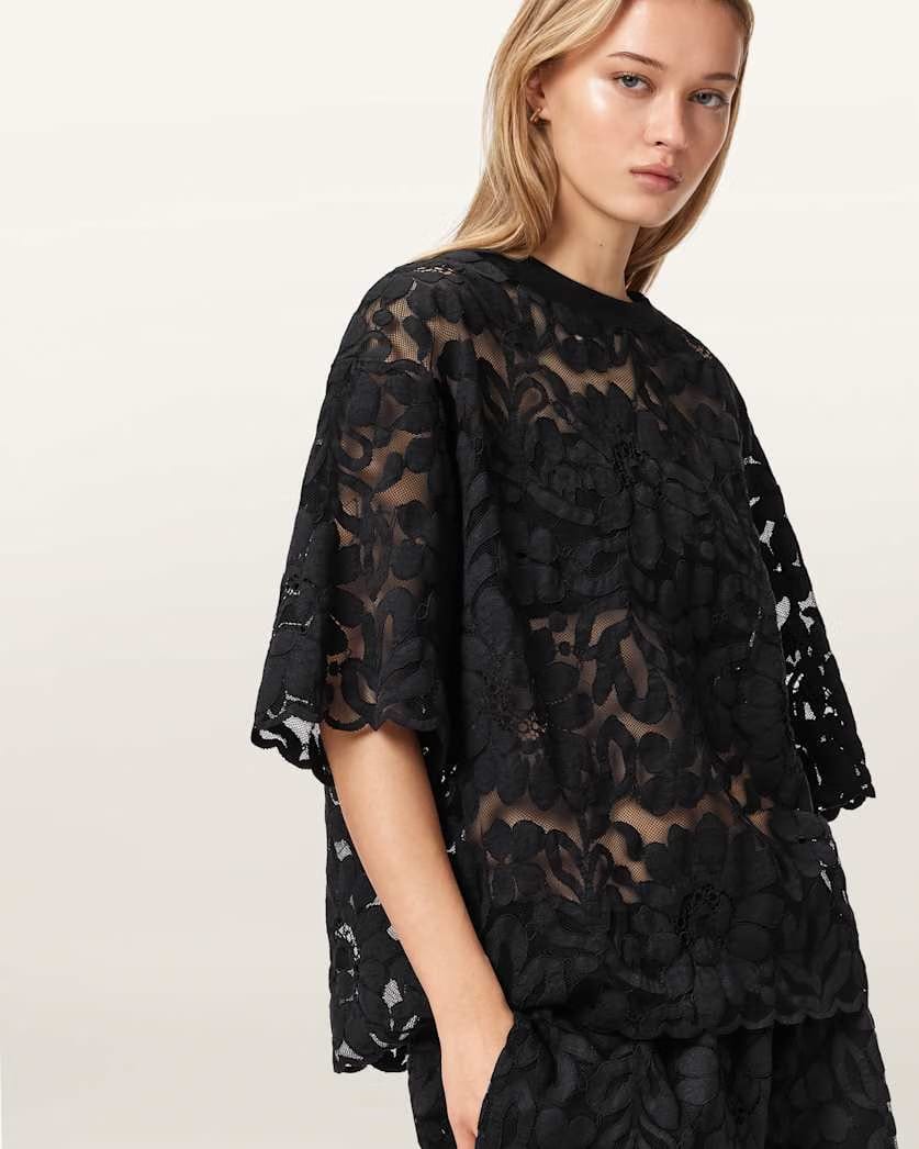 AllSaints Amelie Oversized Short Sleeve Lace T Shirt Women's Bitter Brown Women's