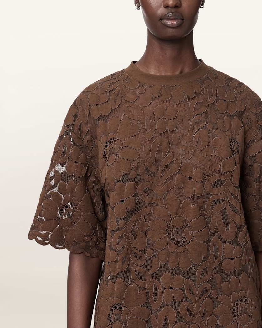AllSaints Amelie Oversized Short Sleeve Lace T Shirt Women's Bitter Brown Women's
