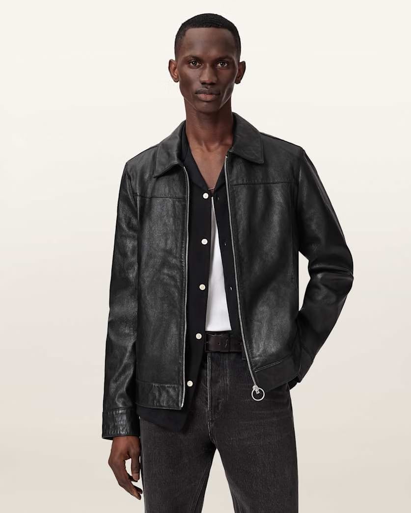 AllSaints Alkan Zip Up Two Tone Leather Jacket Oxblood Red