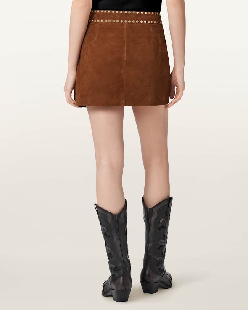 AllSaints Alice Suede Studded Mini Skirt Women's Cognac Brown Women's