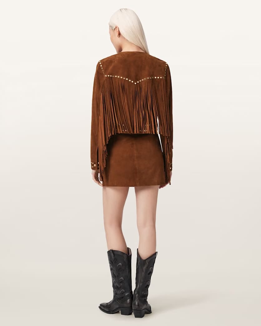 AllSaints Alice Suede Studded Mini Skirt Women's Cognac Brown Women's