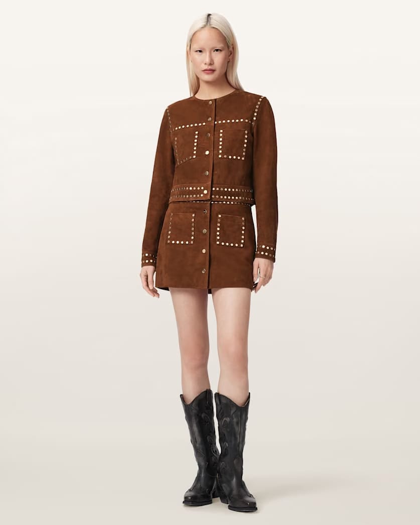 AllSaints Alice Suede Studded Cropped Trucker Jacket Women's Cognac Brown Women's