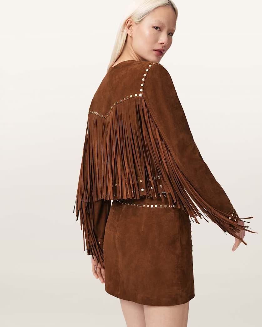 AllSaints Alice Suede Studded Cropped Trucker Jacket Women's Cognac Brown Women's