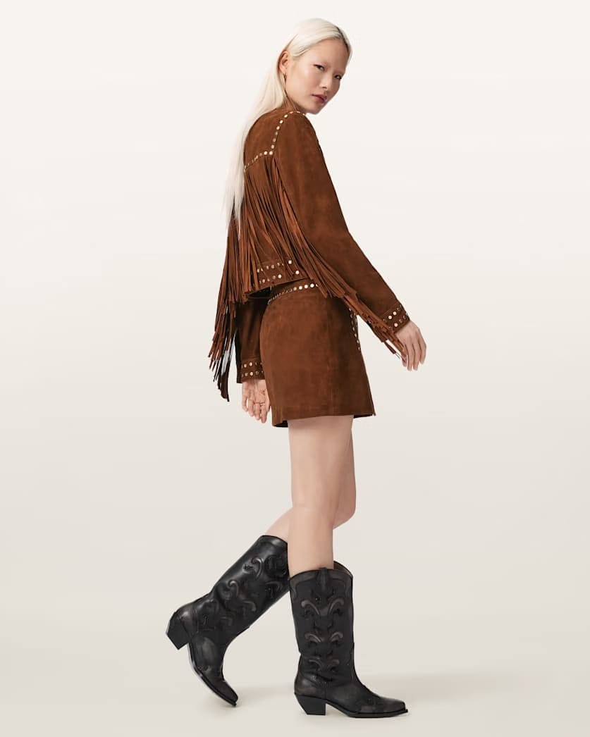 AllSaints Alice Suede Studded Cropped Trucker Jacket Women's Cognac Brown Women's