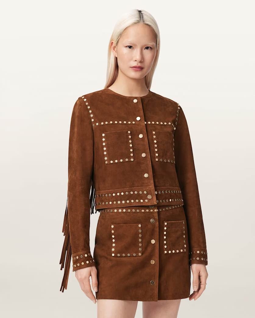 AllSaints Alice Suede Studded Cropped Trucker Jacket Women's Cognac Brown Women's