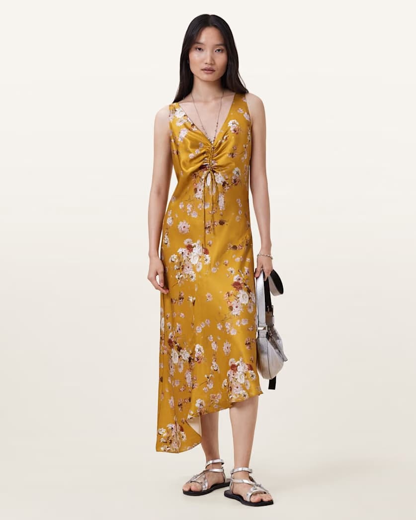 AllSaints Alexia V Neck Drawstring Midi Slip Dress Women's Armada Deep Yellow Women's