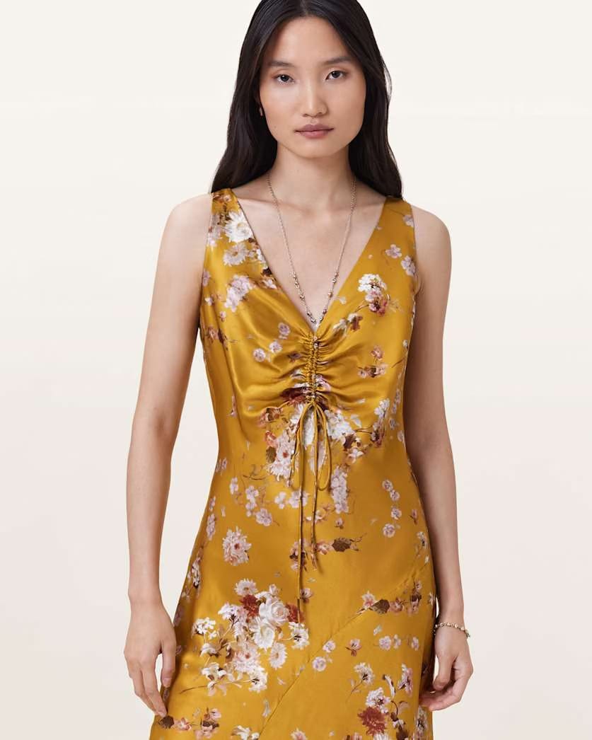 AllSaints Alexia V Neck Drawstring Midi Slip Dress Women's Armada Deep Yellow Women's