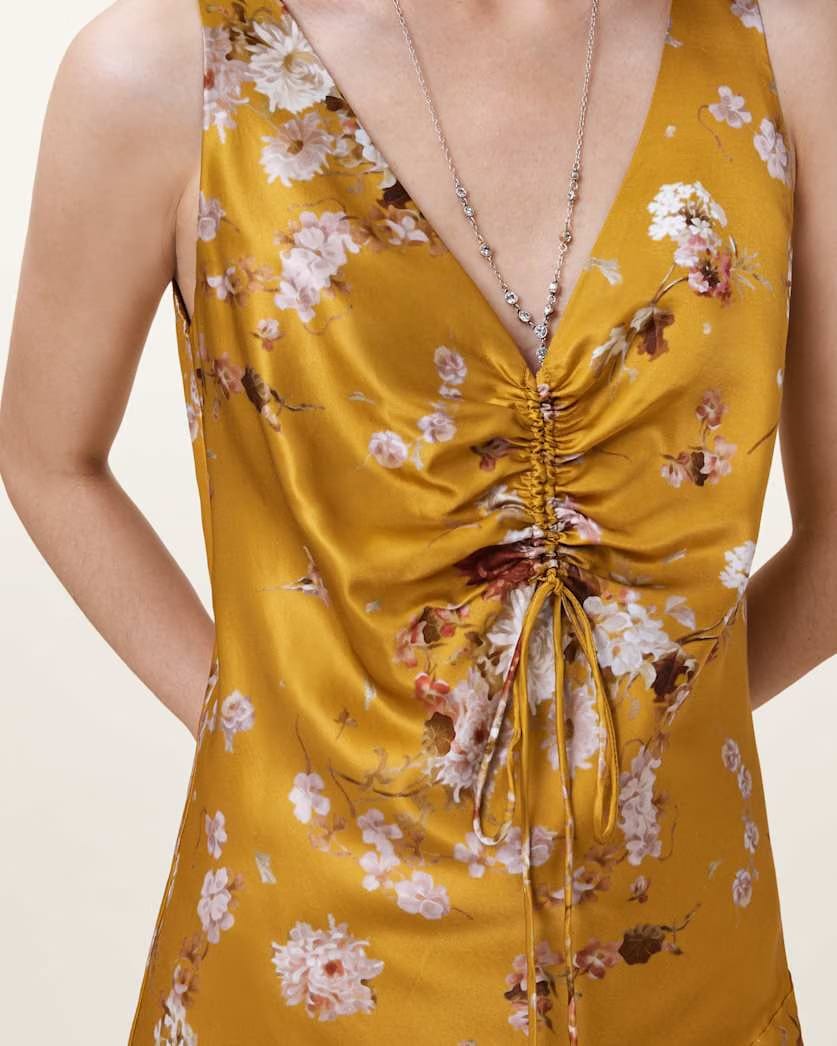 AllSaints Alexia V Neck Drawstring Midi Slip Dress Women's Armada Deep Yellow Women's