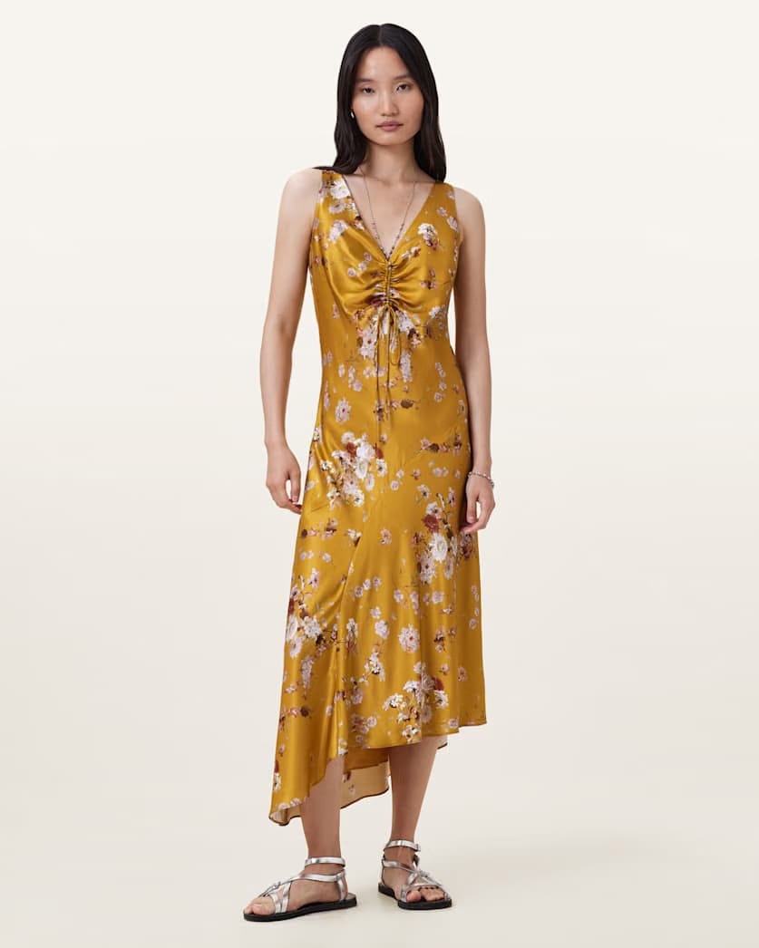 AllSaints Alexia V Neck Drawstring Midi Slip Dress Women's Armada Deep Yellow Women's