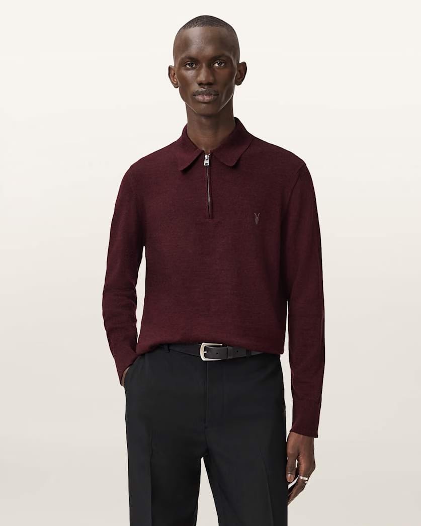 AllSaints Albany Merino Ramskull Polo Bronzed Red