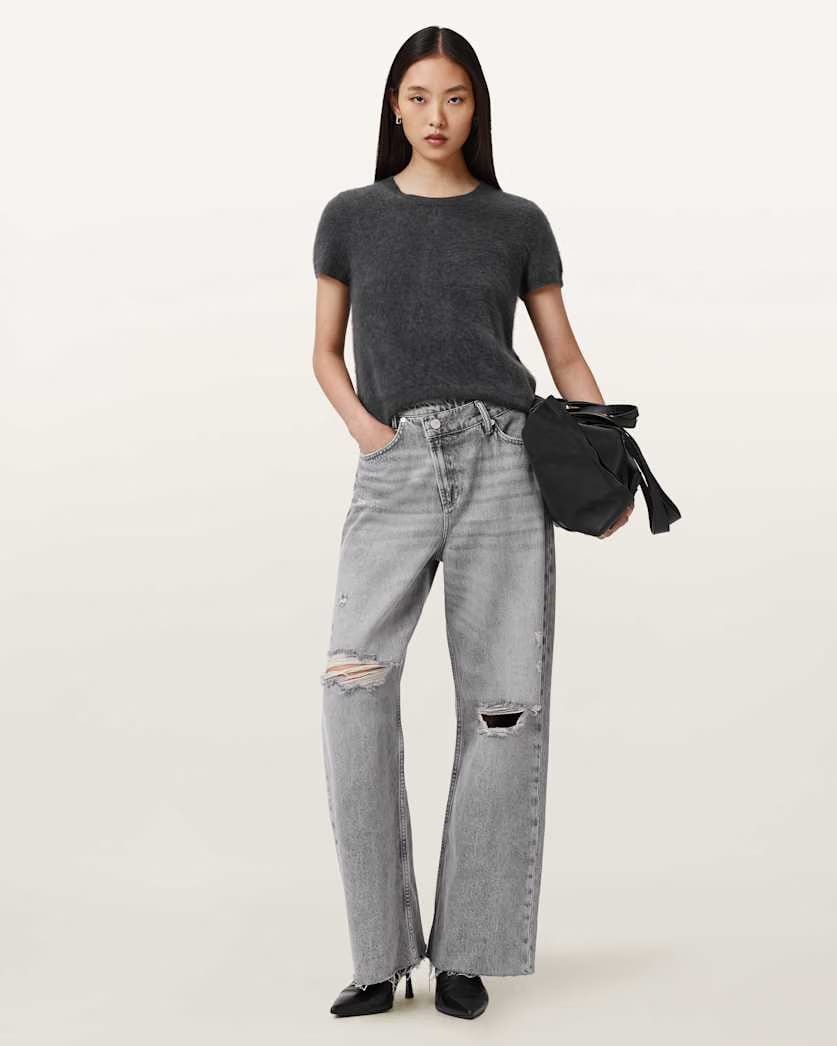 AllSaints Aki Mid Rise Crossover Jeans Women's Destroy Grey Women's