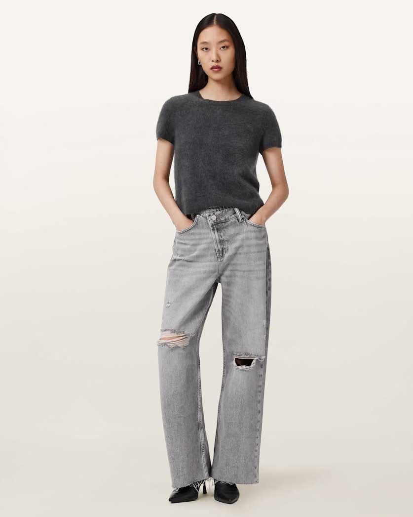 AllSaints Aki Mid Rise Crossover Jeans Women's Destroy Grey Women's