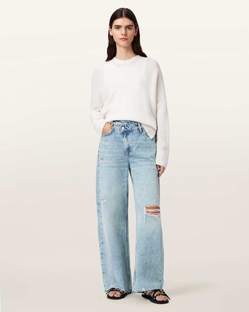 AllSaints Aki Mid Rise Crossover Jeans Women's Destroy Light Blue Women's