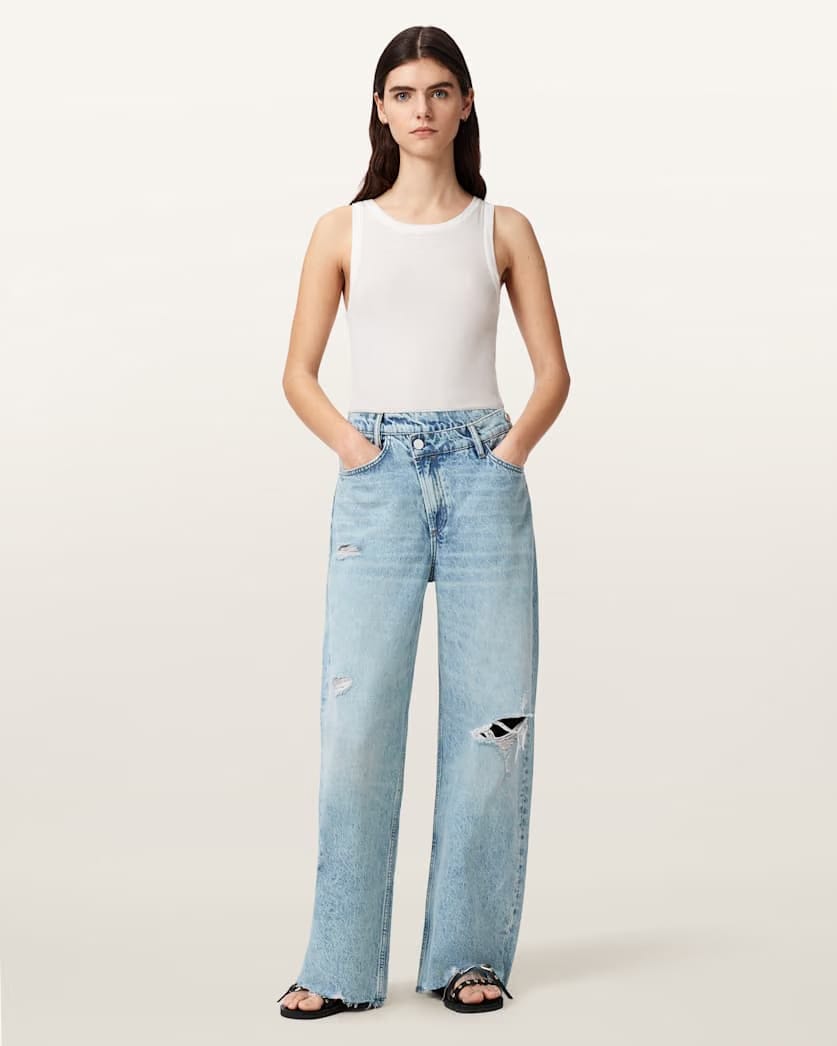 AllSaints Aki Mid Rise Crossover Jeans Women's Destroy Light Blue Women's