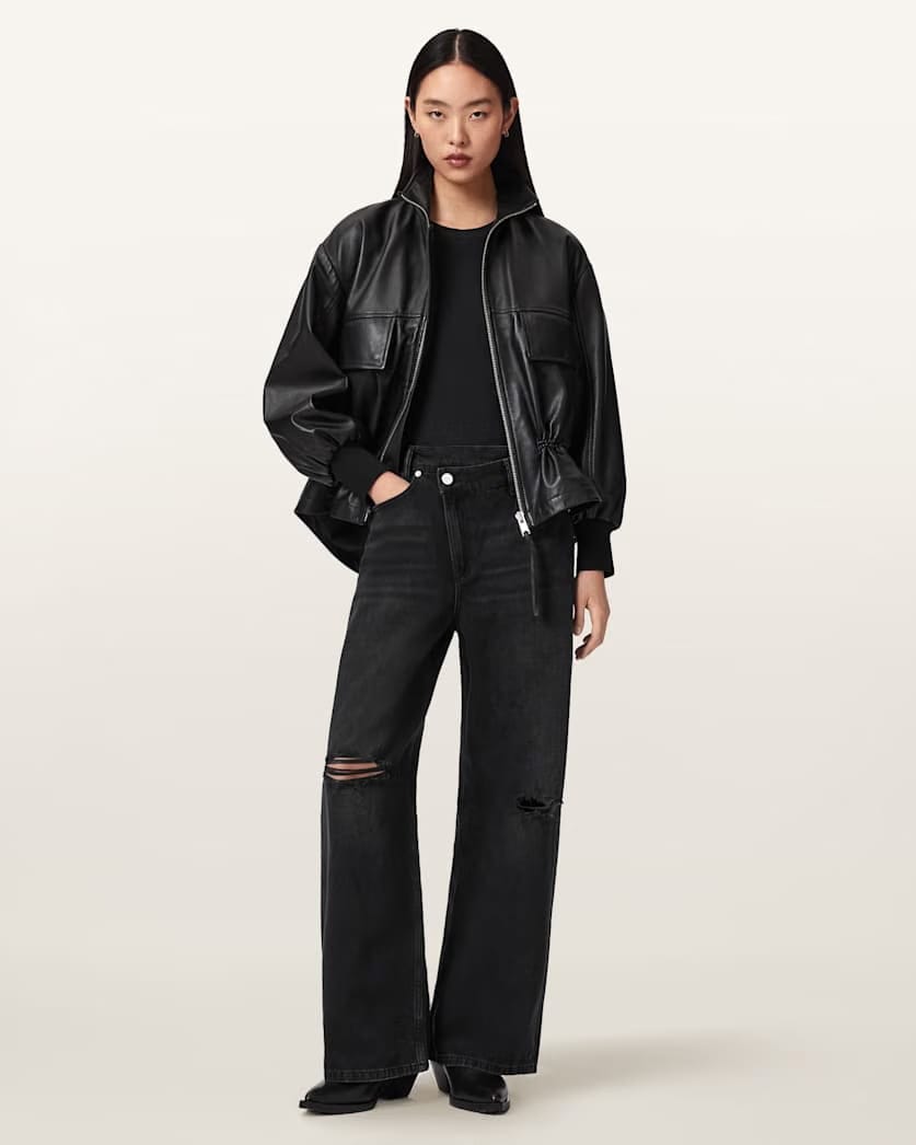 AllSaints Aki Mid Crossover Ripped Jeans Women's Destroy Black Women's