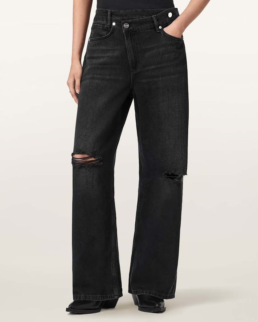 AllSaints Aki Mid Crossover Ripped Jeans Women's Destroy Black Women's