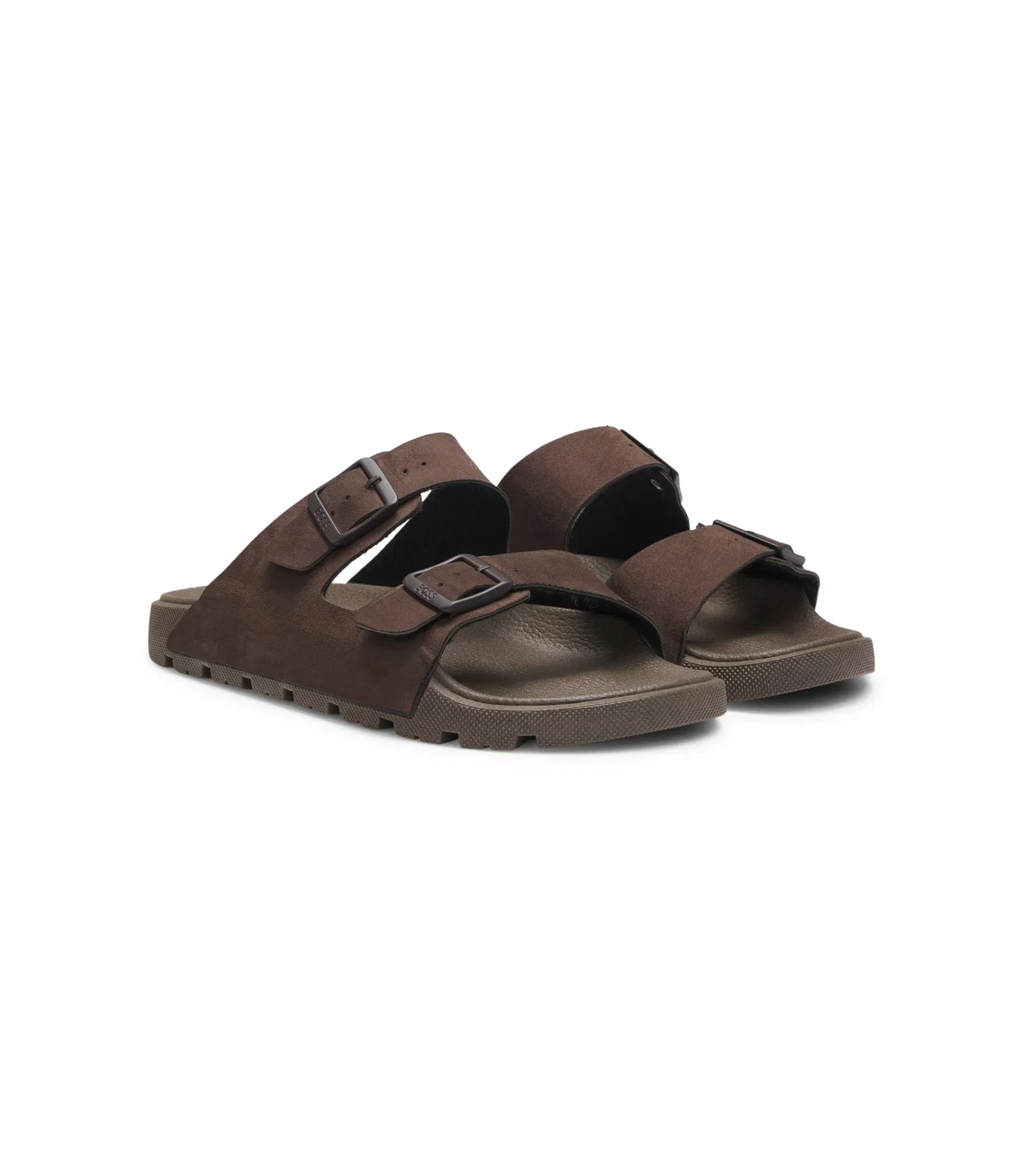 Boss Two Strap Slides With Branded Buckles Dark Brown Dark Brown