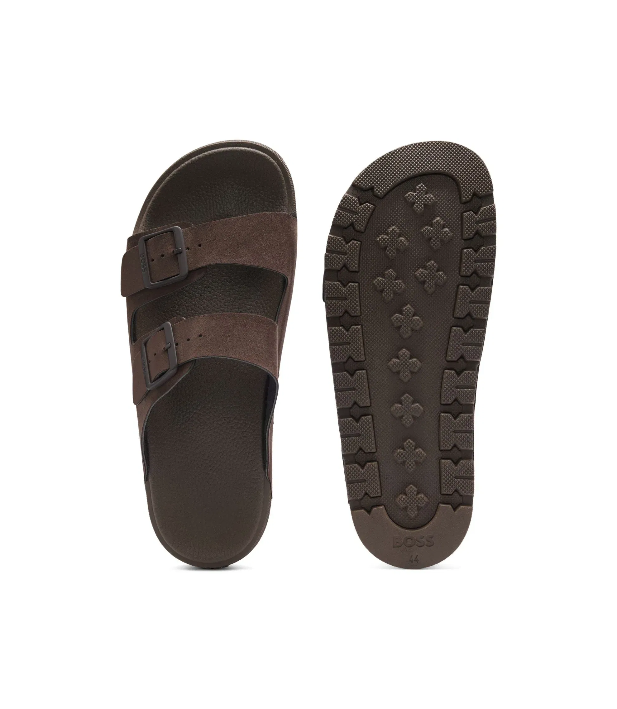 Boss Two Strap Slides With Branded Buckles Dark Brown Dark Brown
