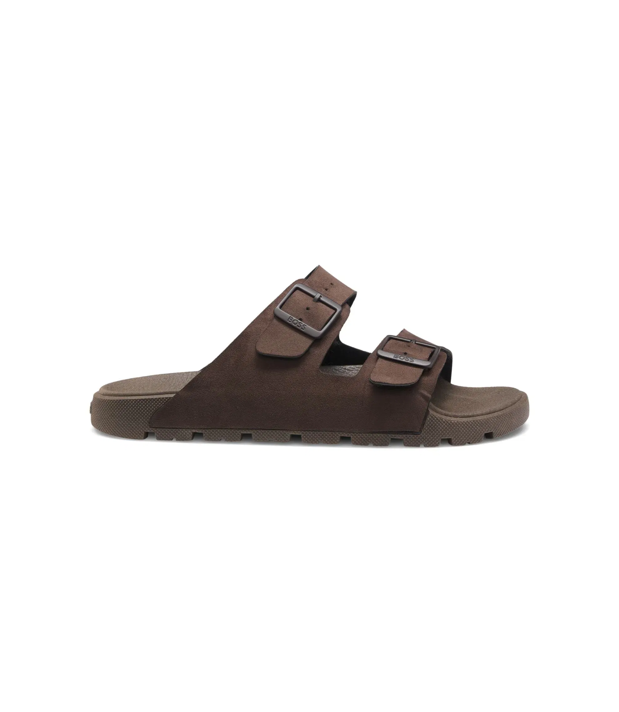 Boss Two Strap Slides With Branded Buckles Dark Brown Dark Brown