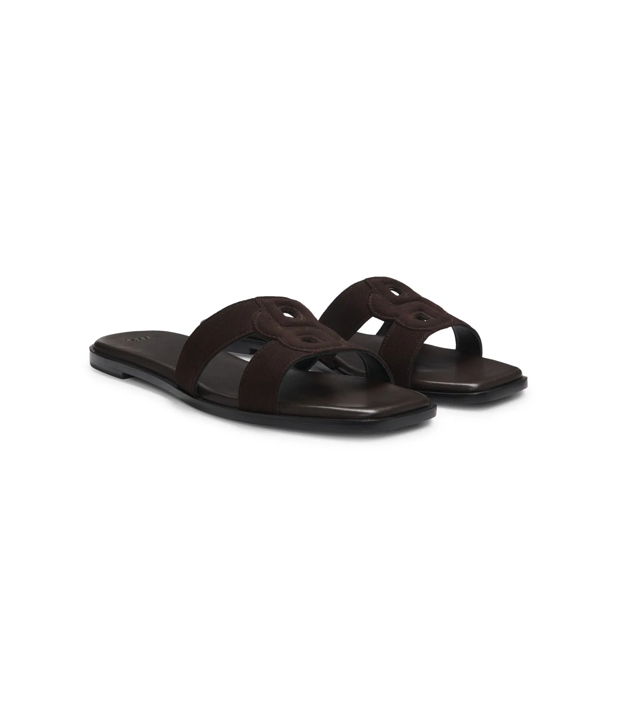 Boss Suede Slides With Stitched Double B Monogram Dark Brown Womens Dark Brown