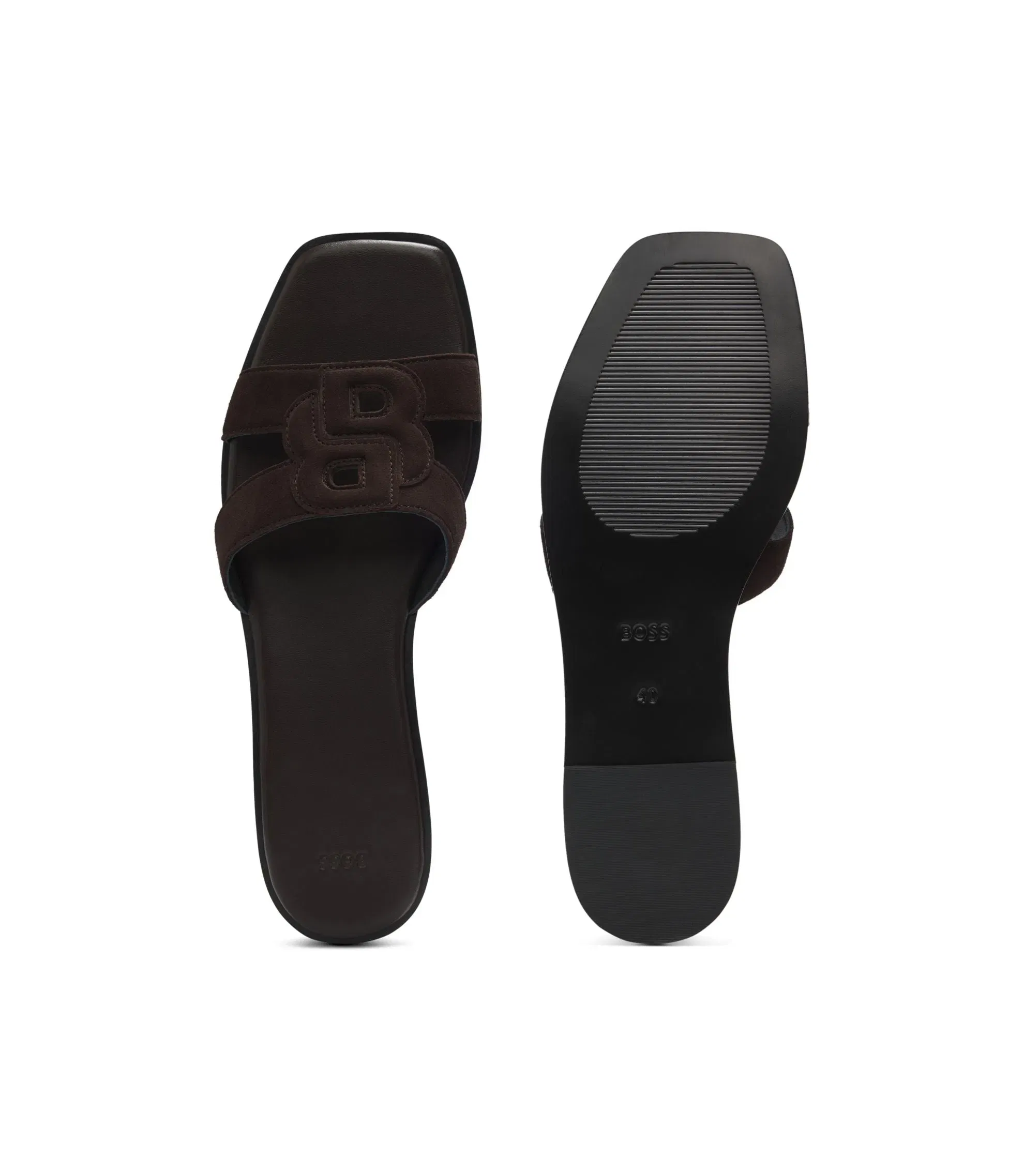 Boss Suede Slides With Stitched Double B Monogram Dark Brown Womens Dark Brown