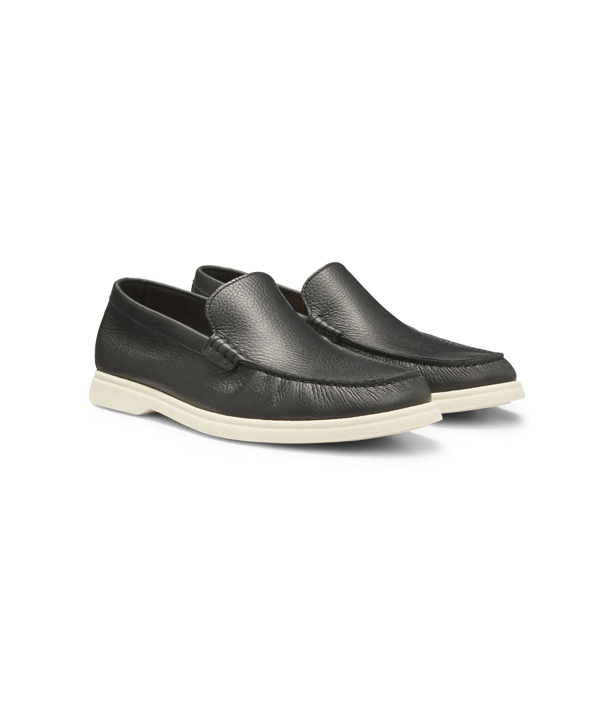 Boss Logo Detail Moccasins In Tumbled Leather Black Black