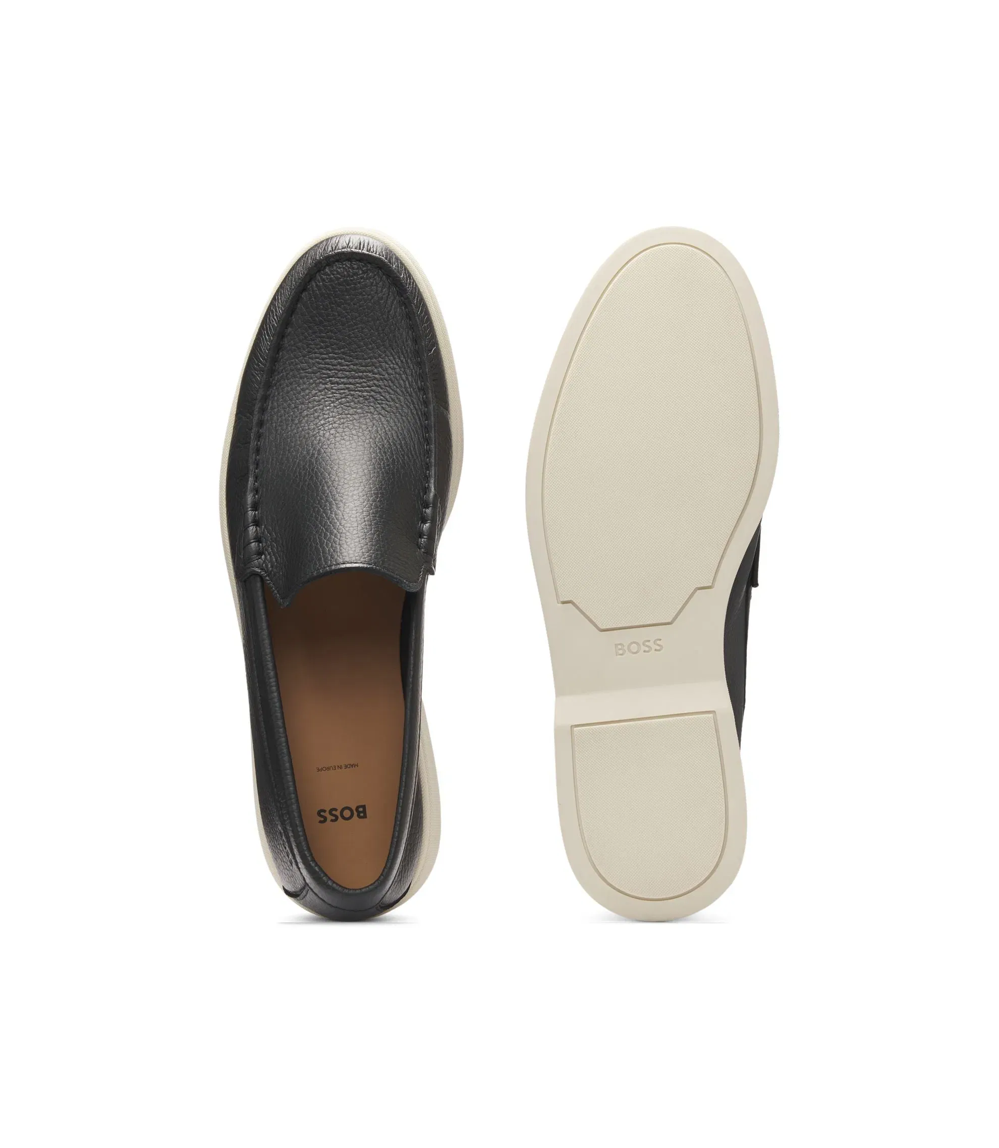 Boss Logo Detail Moccasins In Tumbled Leather Black Black
