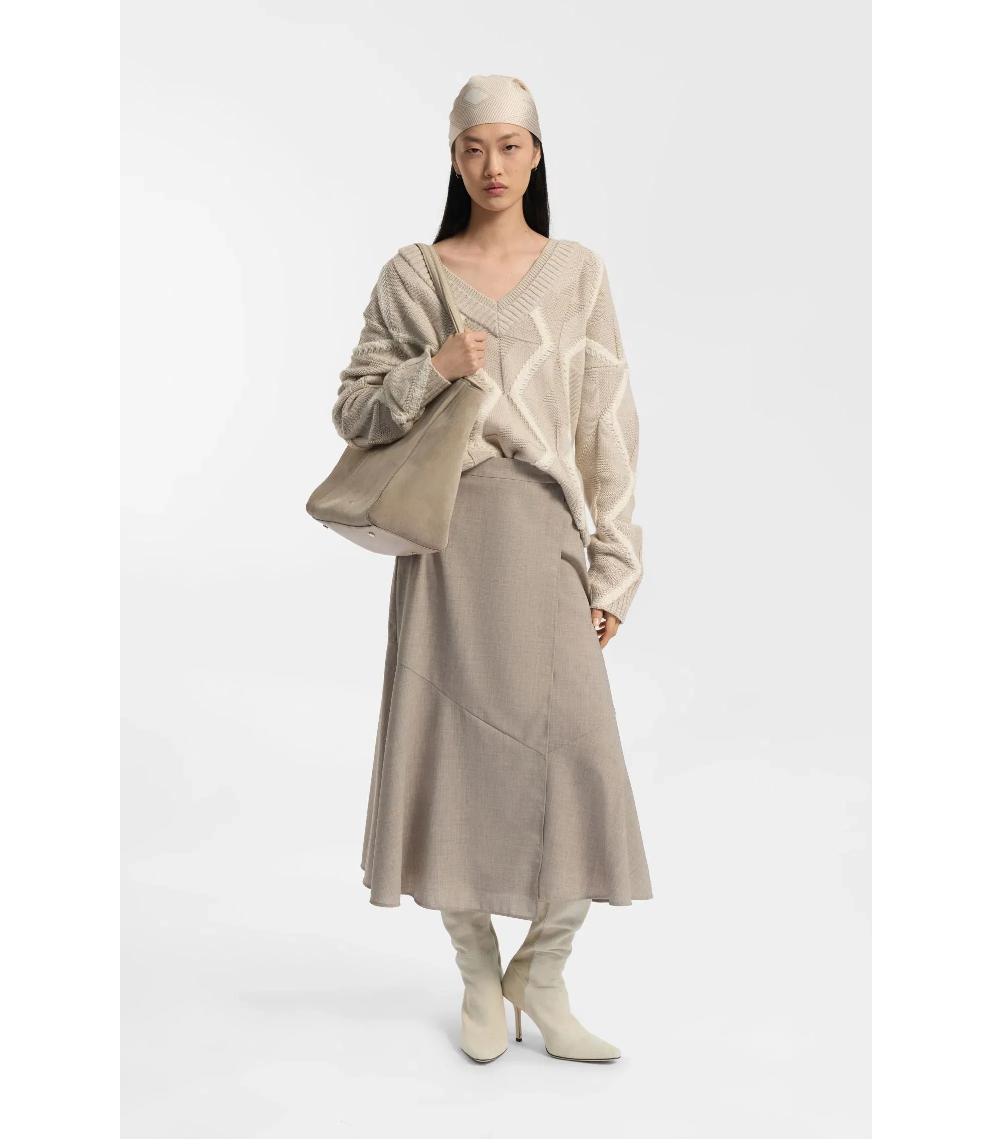 Boss Knee Boots In Leather And Suede Light Beige Womens Light Beige