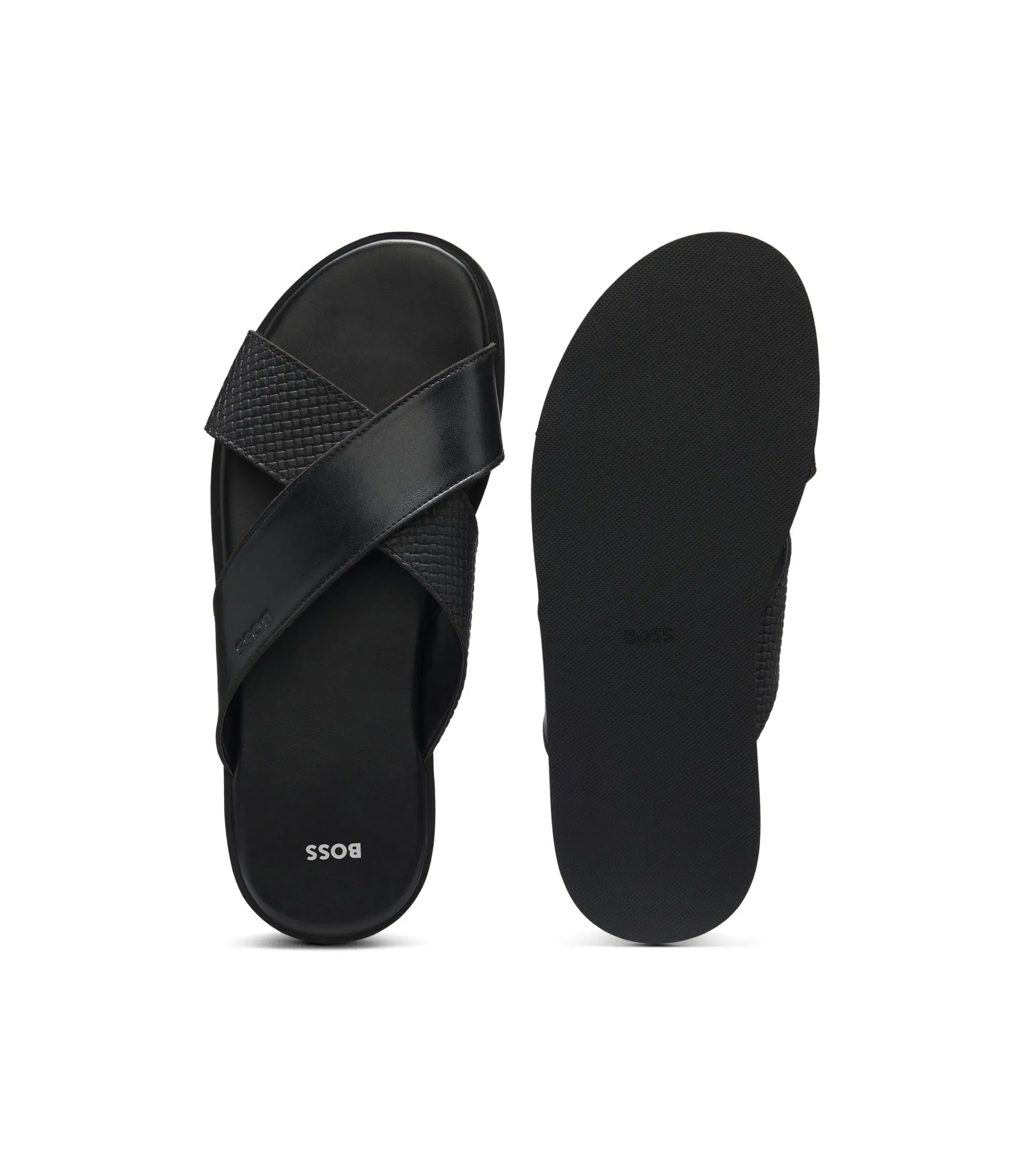 Boss Faux Leather Slides With Plain And Patterned Straps Black Black